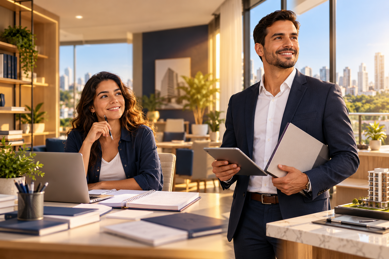 Estudante iniciando a formação em TTI ao lado de profissional experiente com documentos do mercado imobiliário
